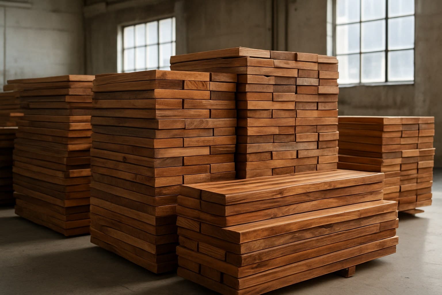 Stacked acacia wood planks in a flooring warehouse before grading