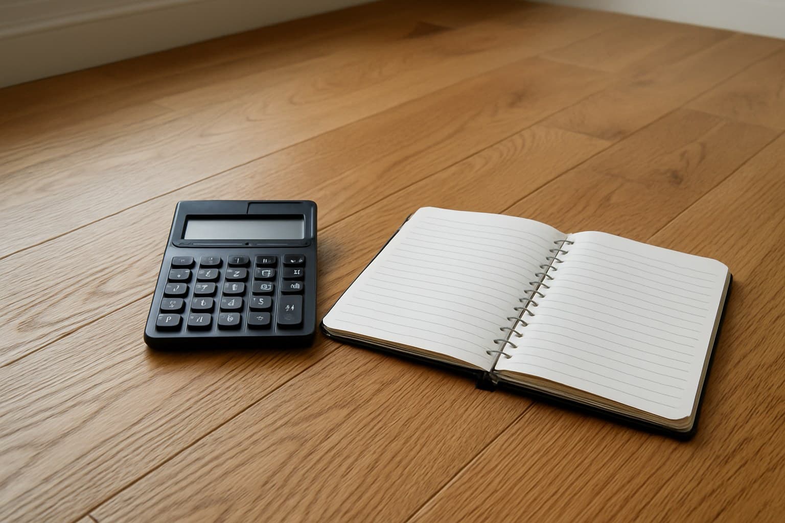 Calculator and notebook used to work through flooring installation numbers