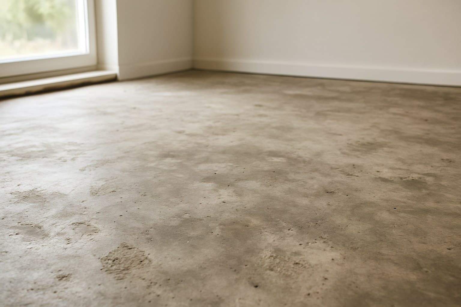 Bare concrete subfloor being checked before laying driftwood oak flooring.
