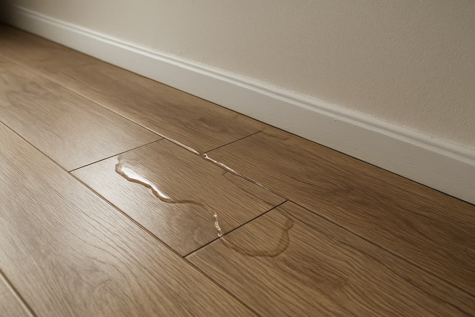 Water pooling along plank seams on a vinyl tile floor near a wall.