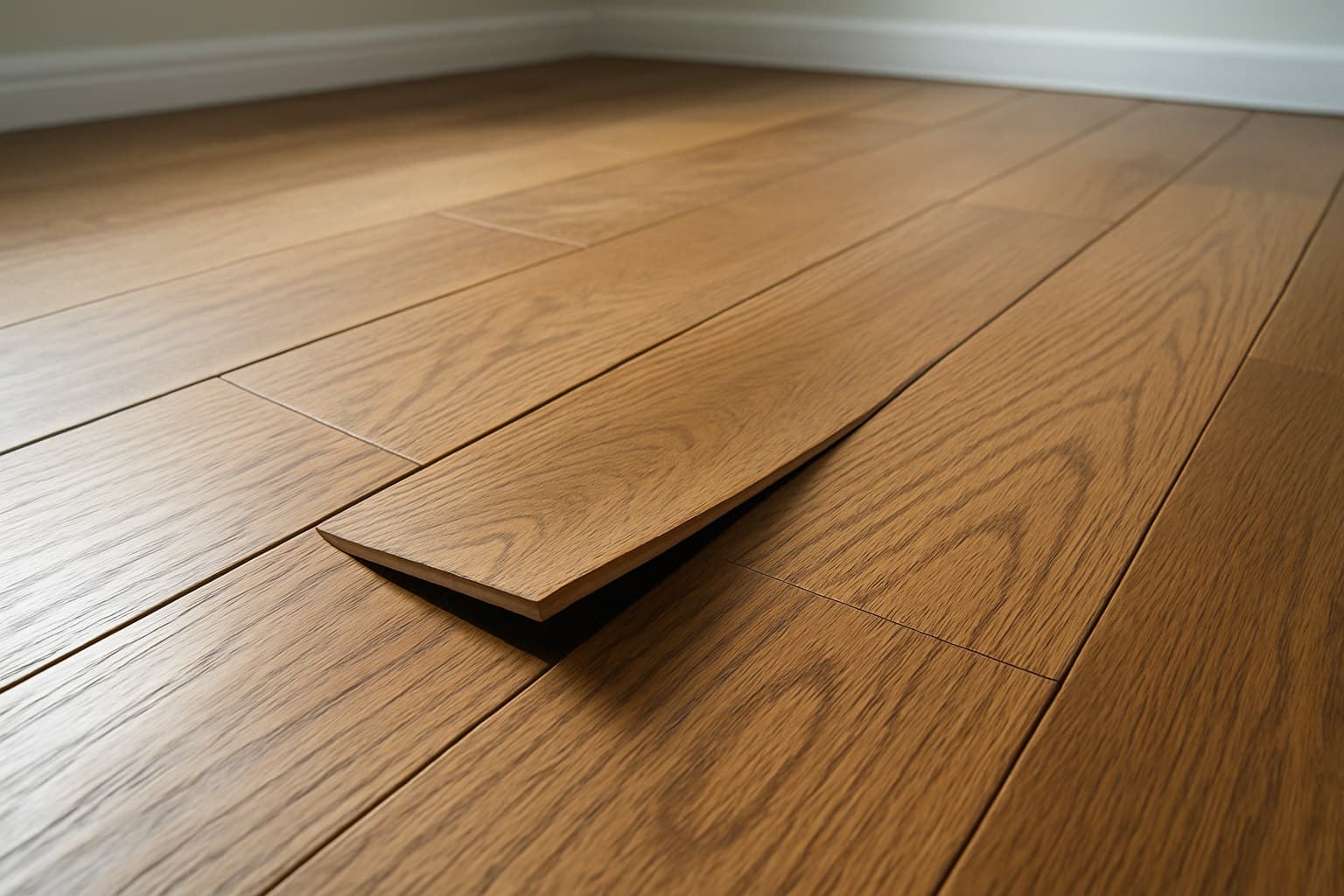 Cupped and gapped hardwood floor boards showing installation damage