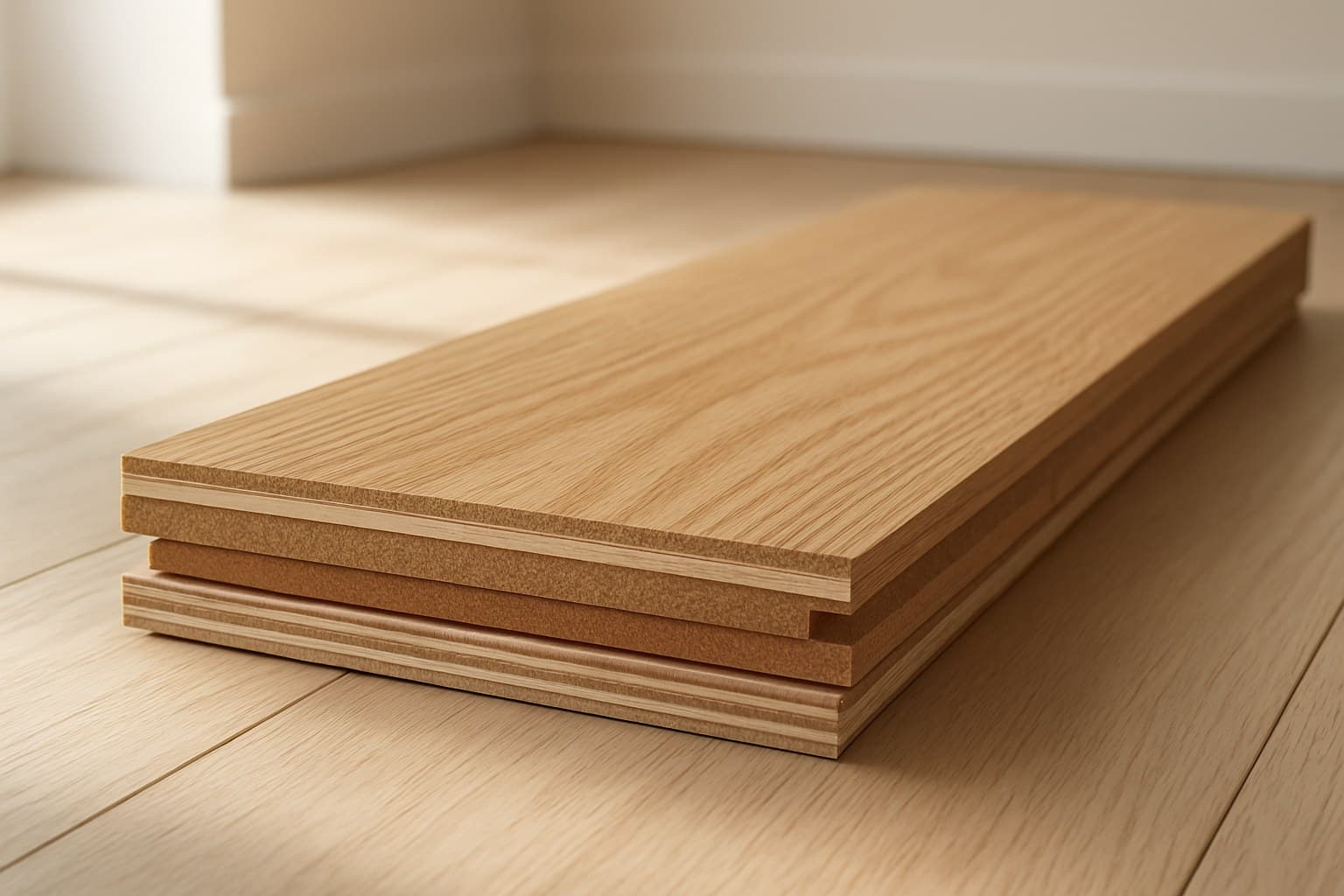 Cross-section view of an engineered wood plank showing layered construction