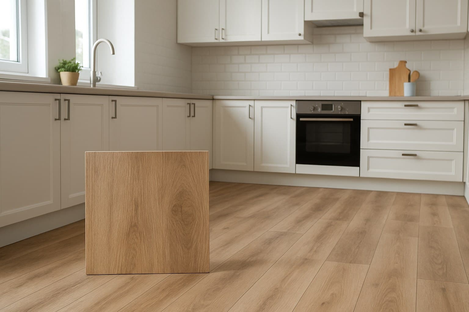 Vinyl flooring sample representing a budget-friendly kitchen flooring choice