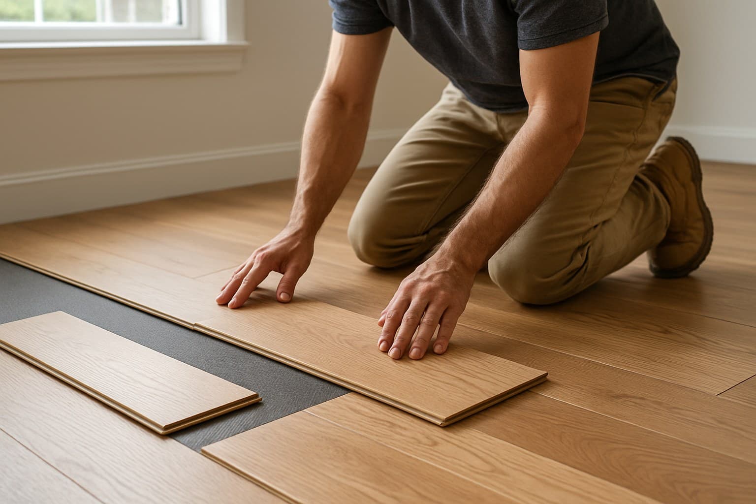 Professional installer laying hardwood flooring planks in a room