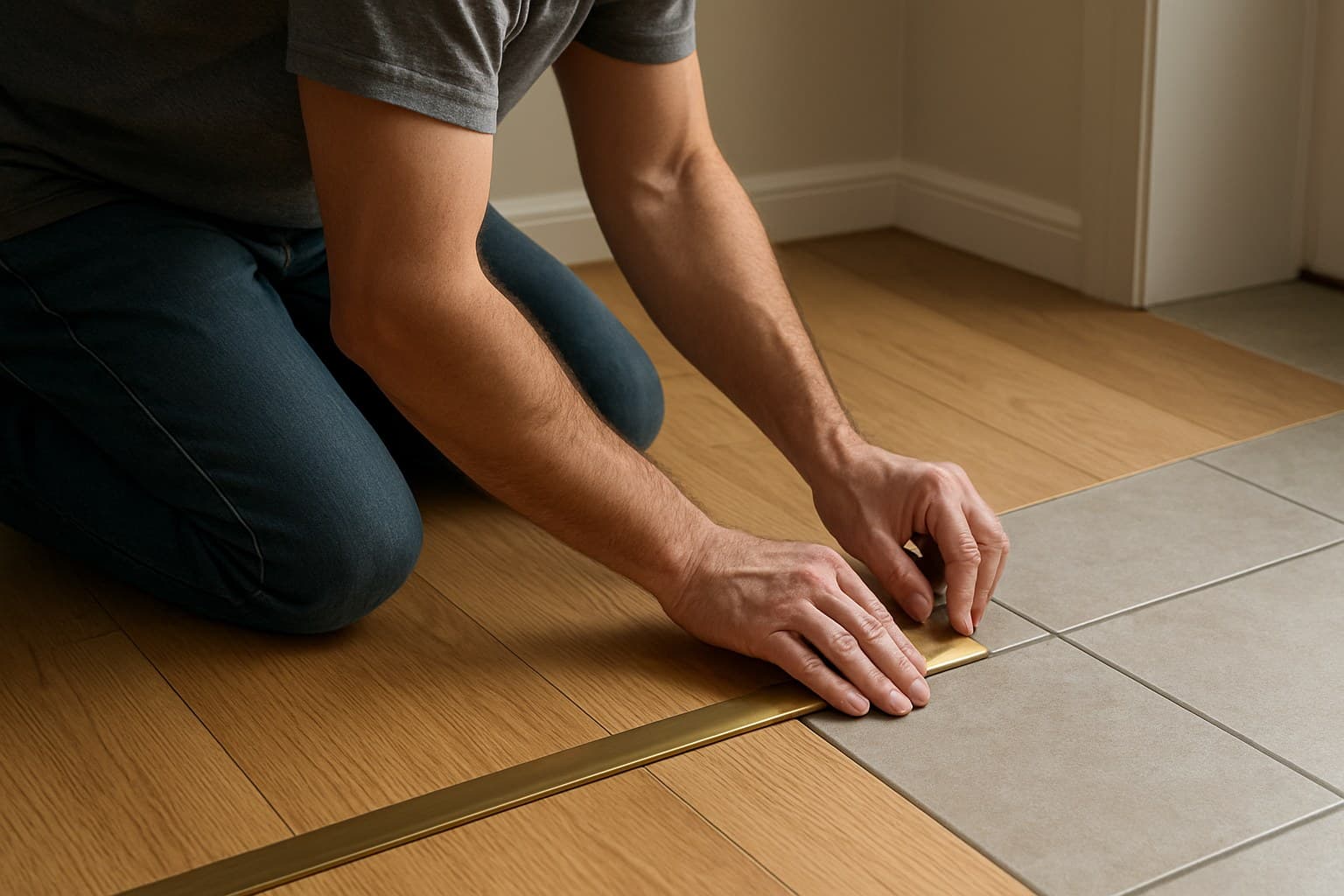 Homeowner kneeling to install a floor transition strip by hand