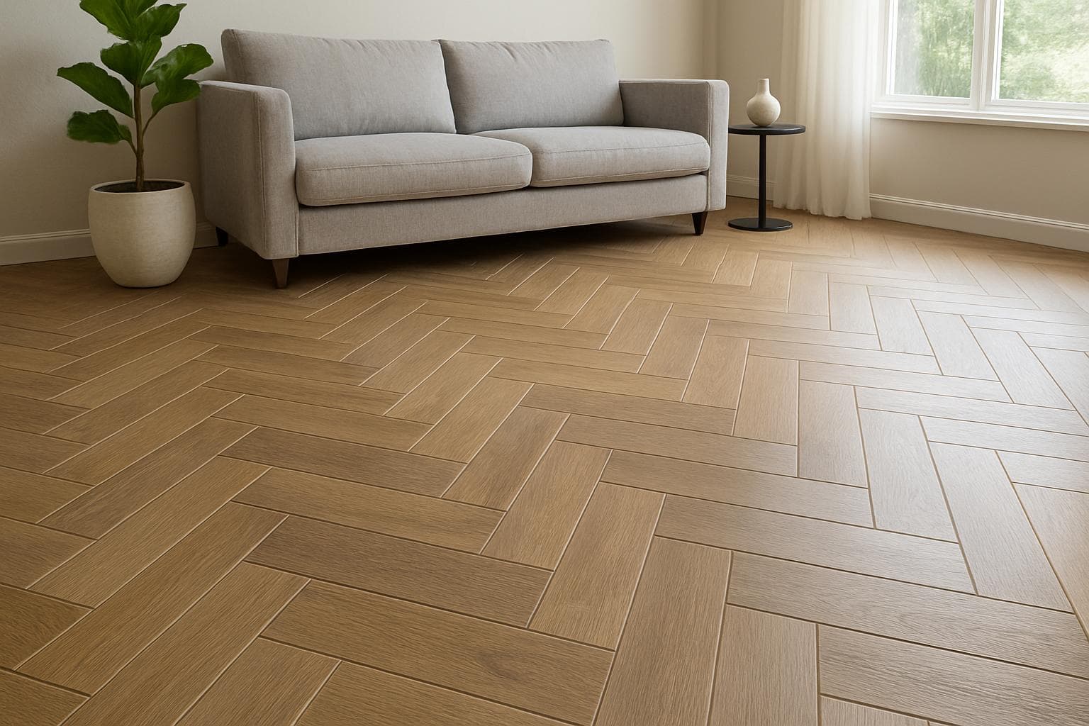 Wood-look tile laid in a herringbone pattern across a living room floor