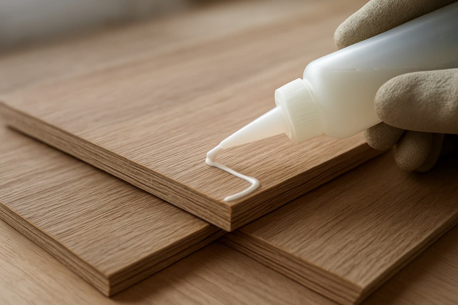 Glue being applied between wood veneer layers during lamination