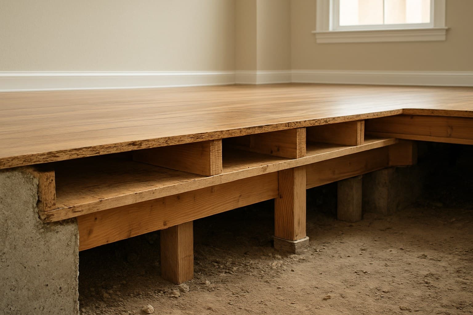 House foundation and lower level structure beneath a bedroom floor