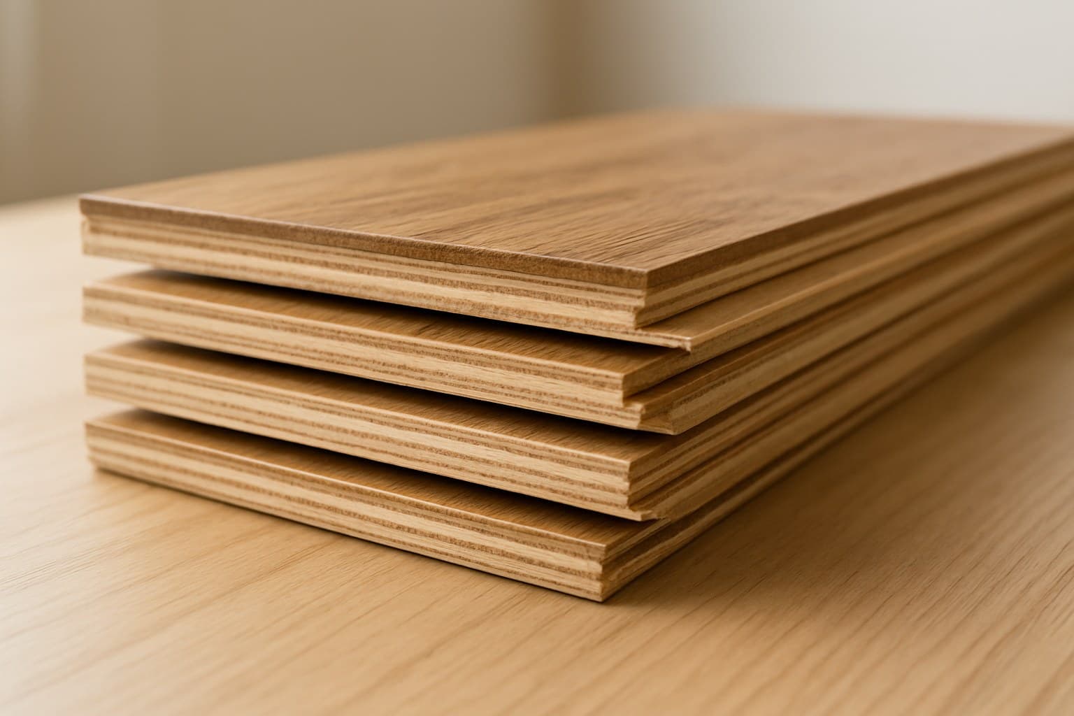 Cross-section stack of engineered wood flooring planks showing layered core