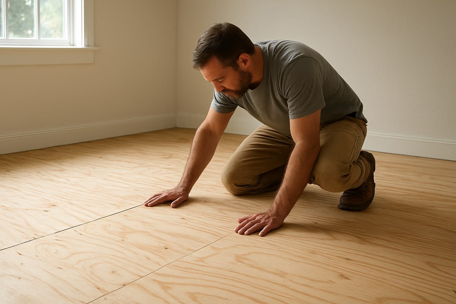 Carpenter checking a plywood subfloor before laying wide plank flooring