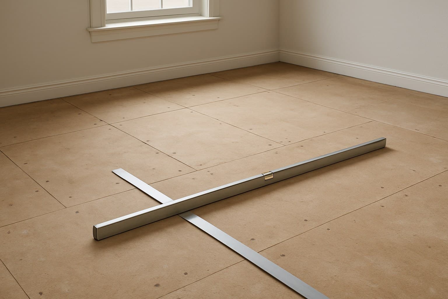 Bare subfloor being checked and leveled before vinyl flooring installation
