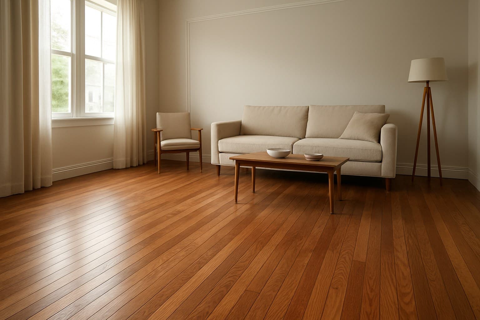 Living room with classic narrow hardwood strip flooring and natural light