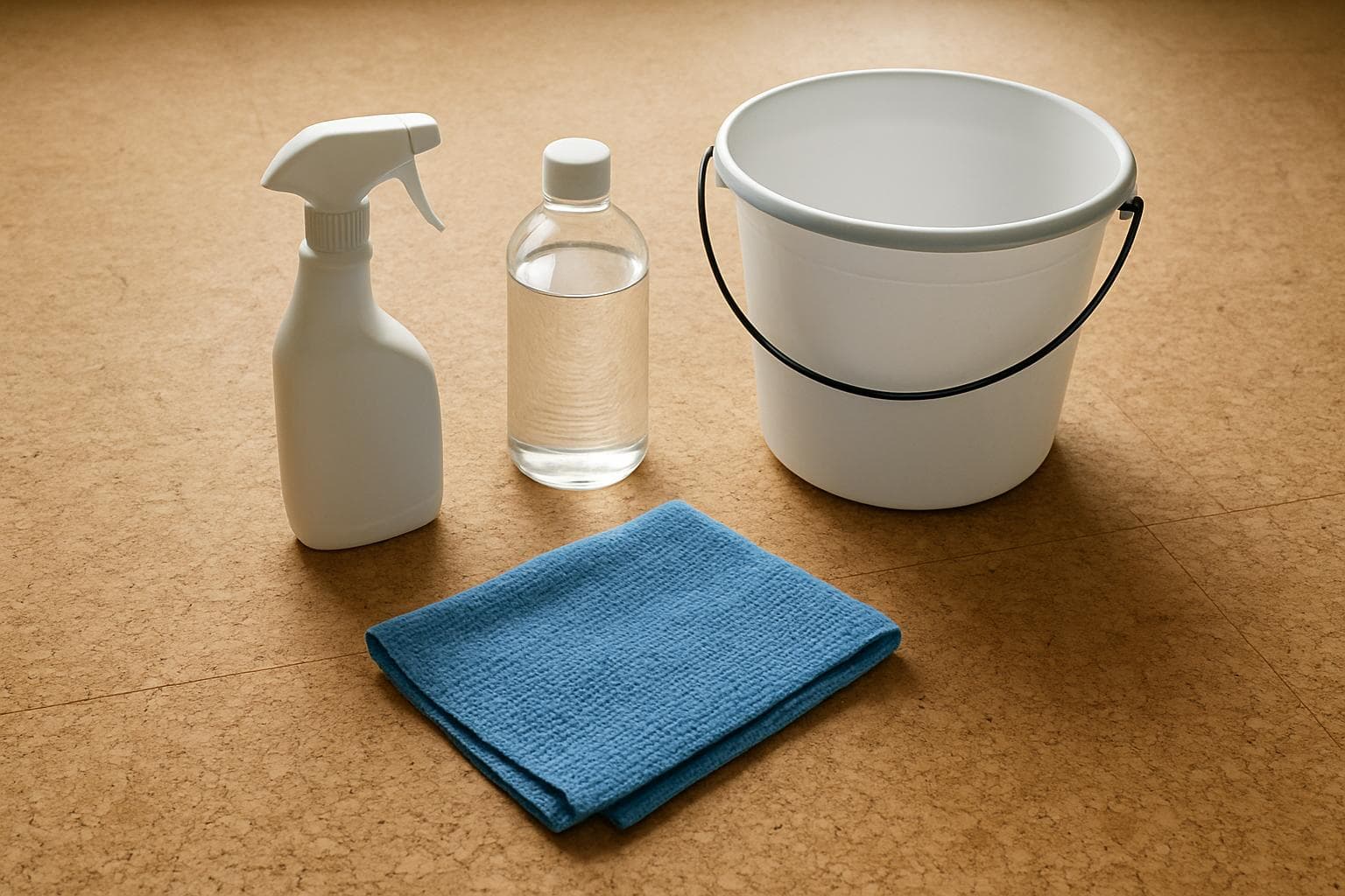Cleaning supplies and cloth arranged near a cork floor