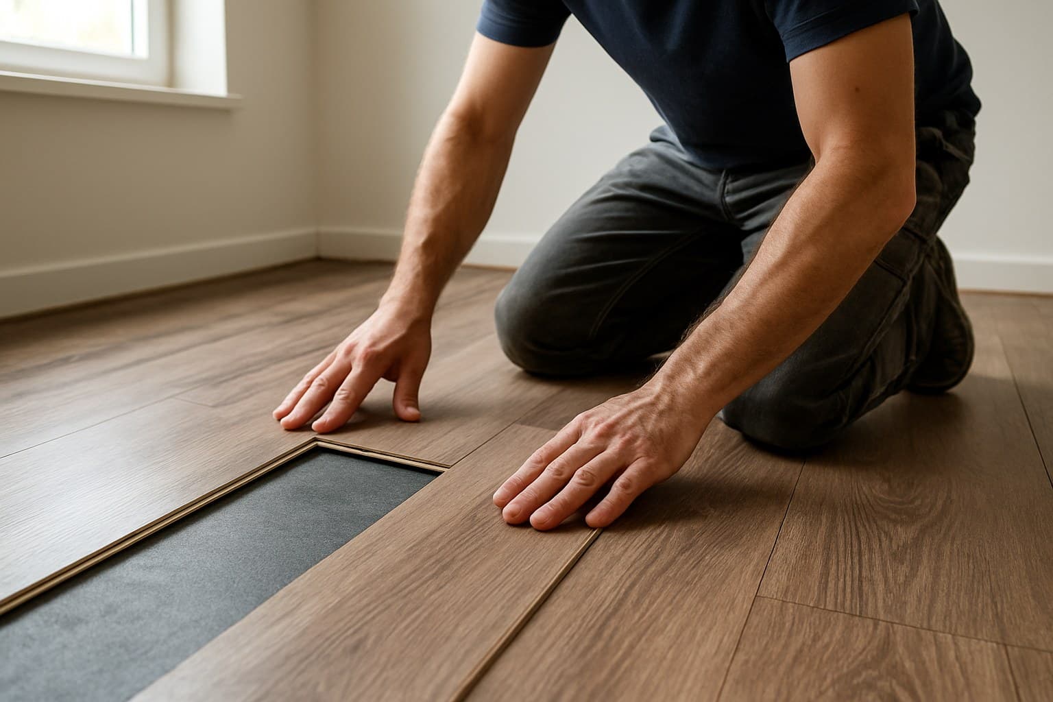 Worker fitting planks together during a flooring installation