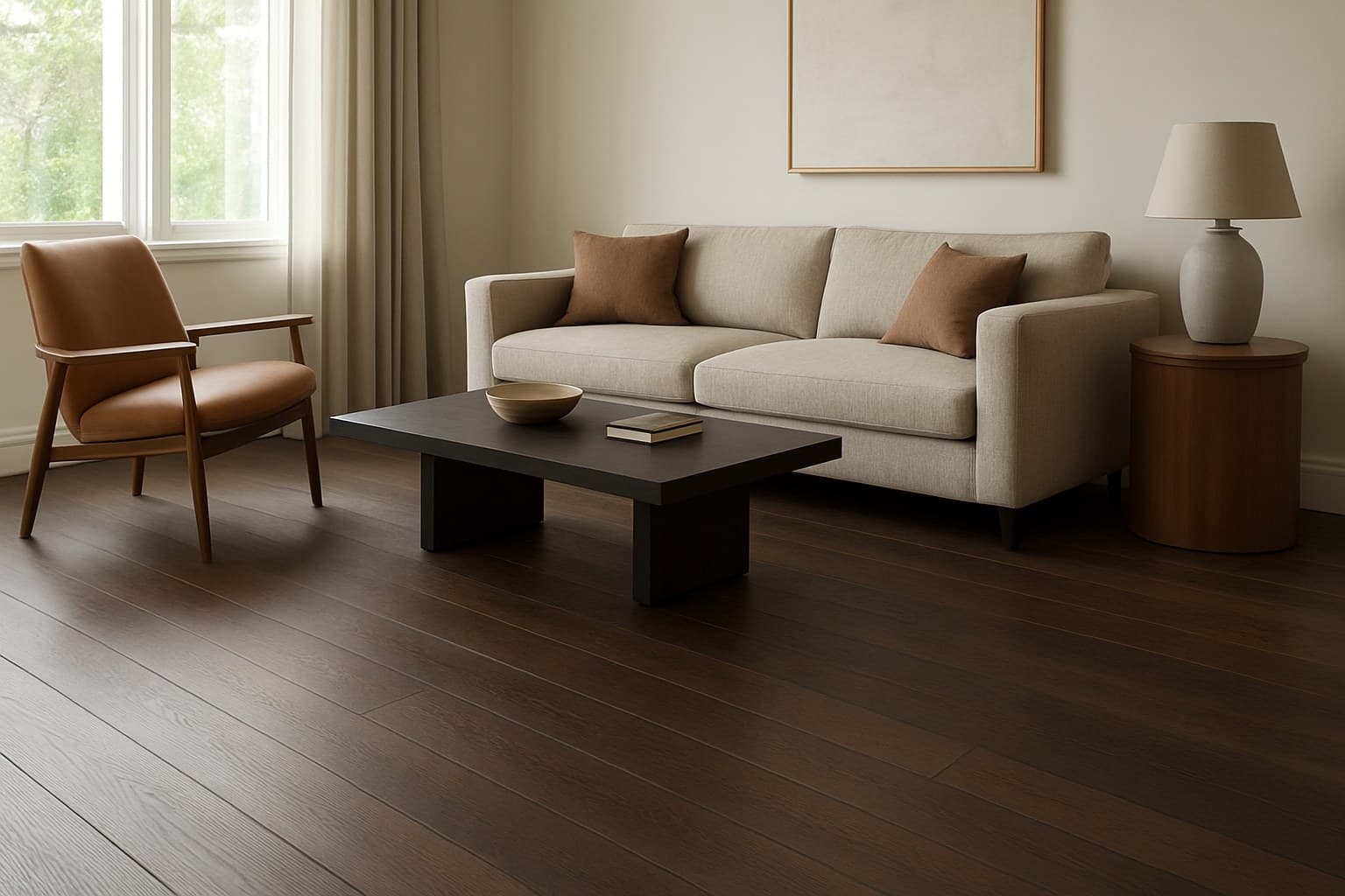 Living room interior with dark oak flooring and coordinated furniture colors