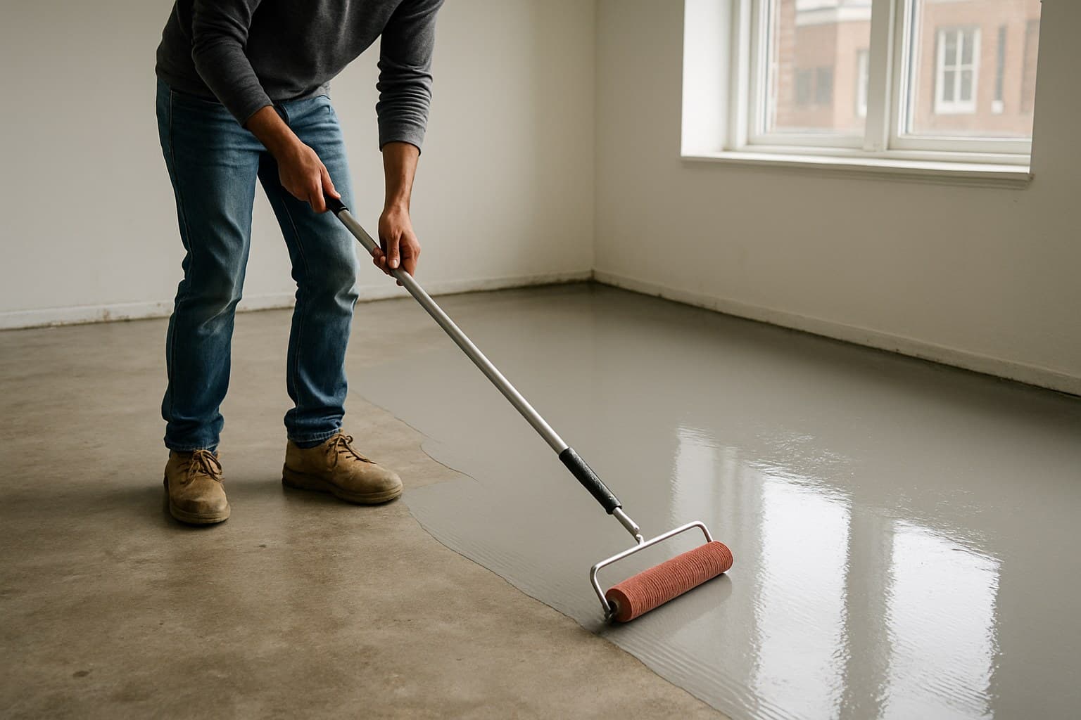 Contractor rolling epoxy coating onto a concrete floor