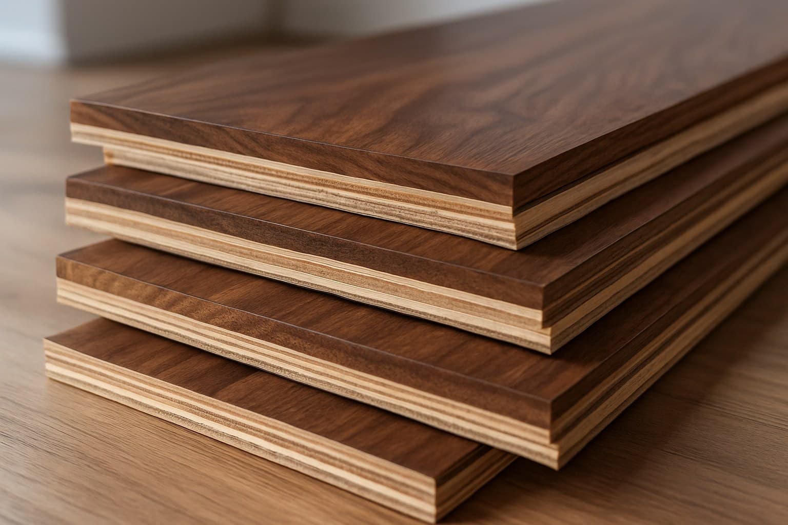 Cross-section of engineered walnut flooring planks stacked for comparison