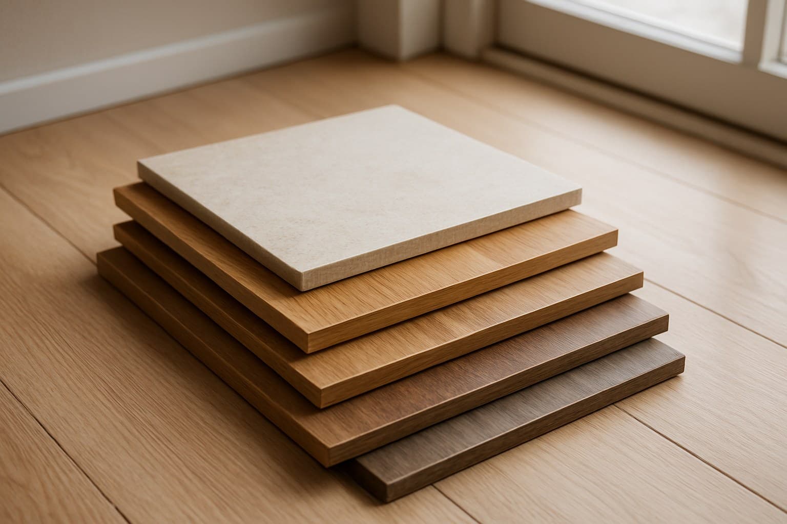 stacked tile and wood flooring samples arranged for selection
