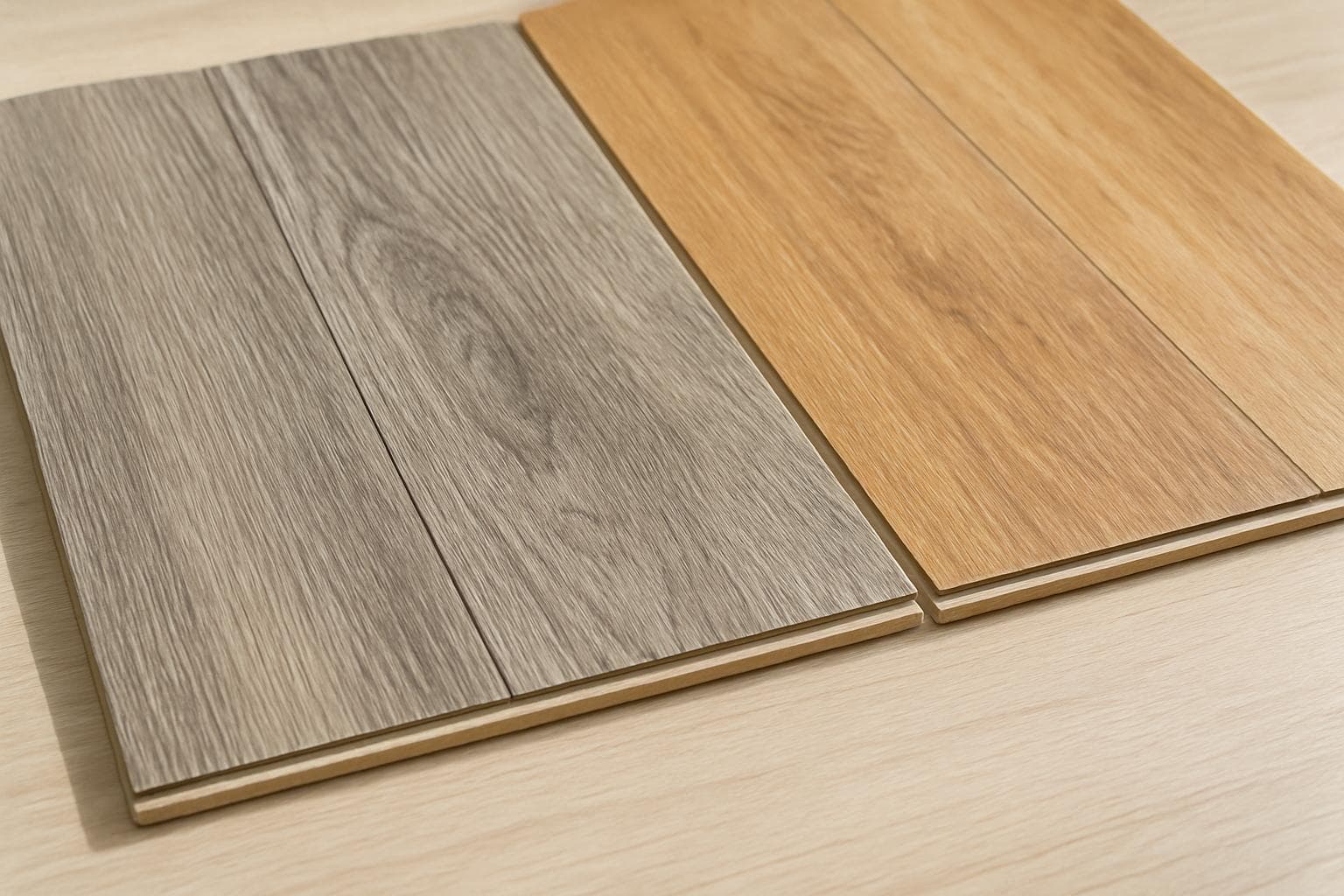 Vinyl and laminate flooring samples laid side by side for comparison