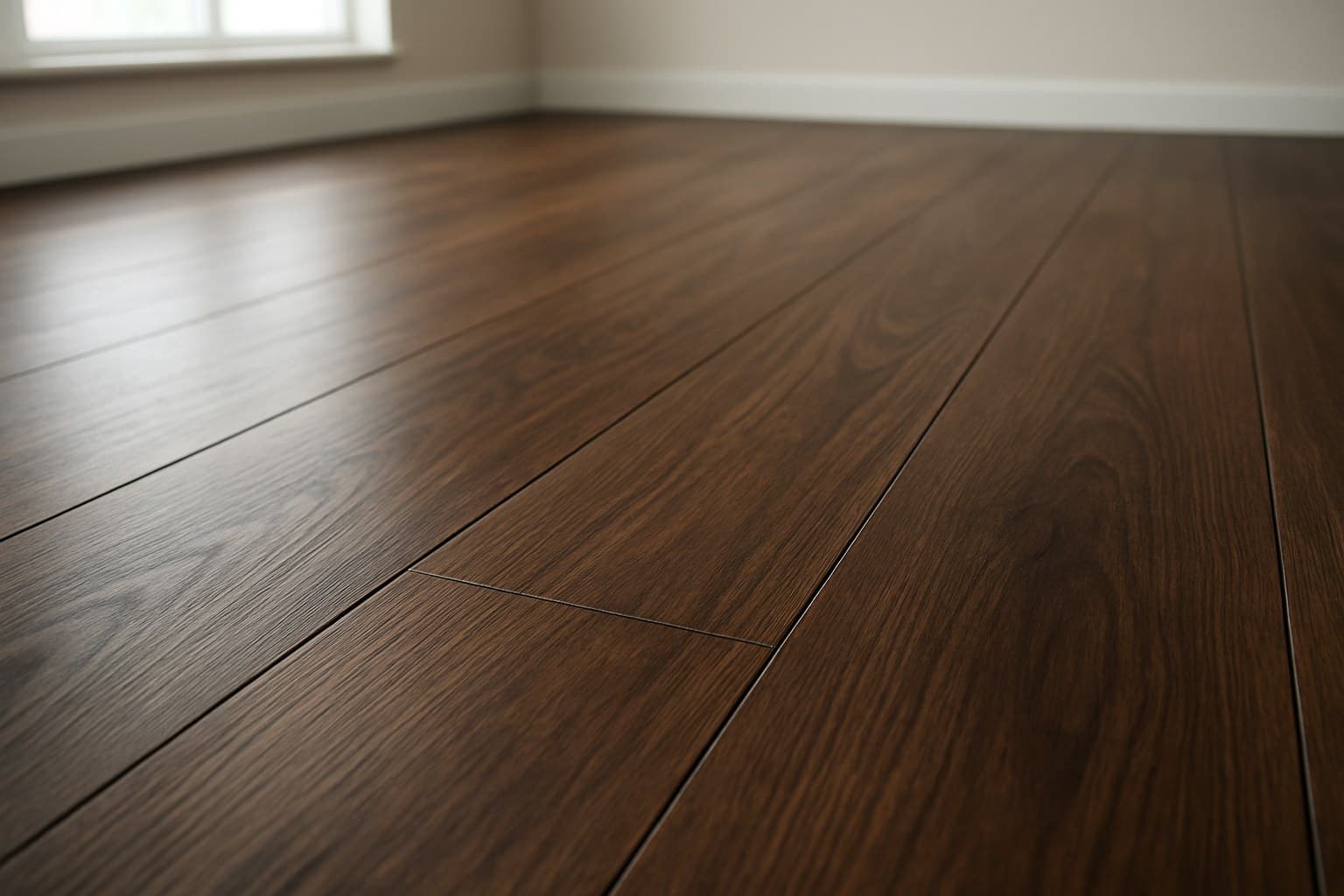 Close-up of tight seams between vinyl plank flooring boards on a finished floor