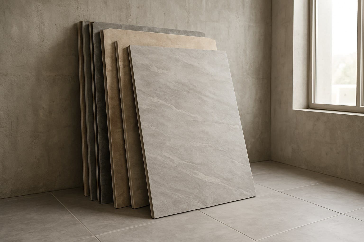 Large-format stone look tile slabs stacked before installation