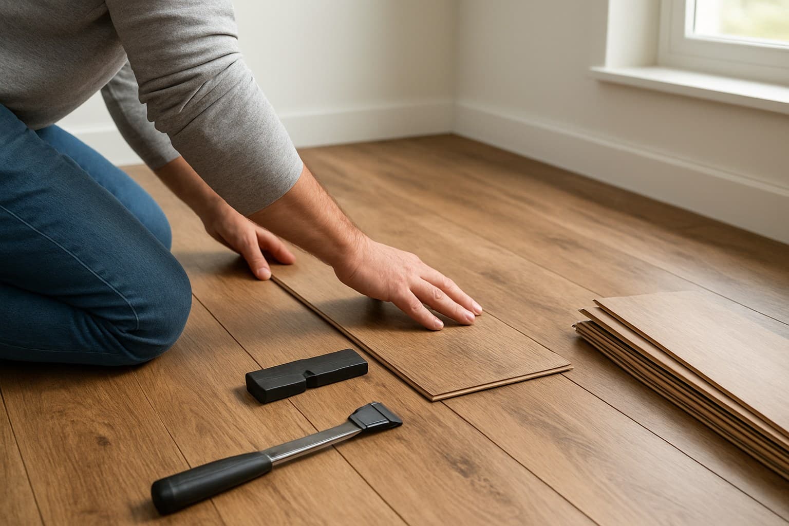 Person kneeling to install laminate flooring planks with hand tools