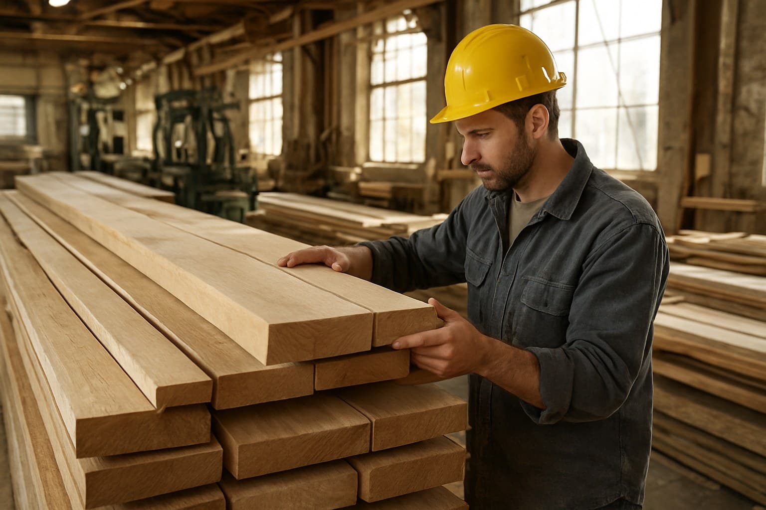 Sawmill worker inspecting cut lumber boards ready for certification