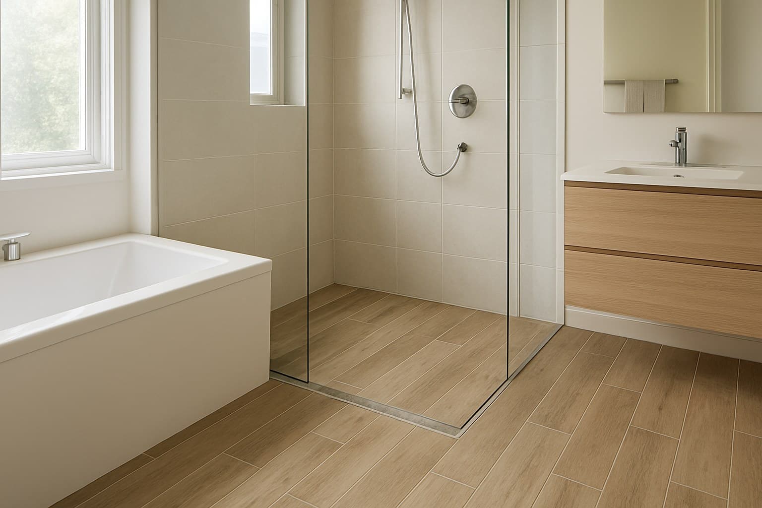 Bathroom with plank tile flooring installed in a wet shower area