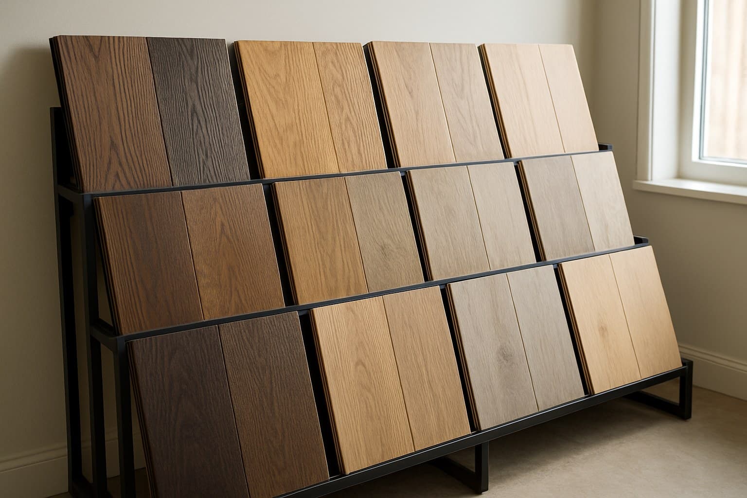 Rack of solid, engineered, and waterproof flooring samples displayed side by side