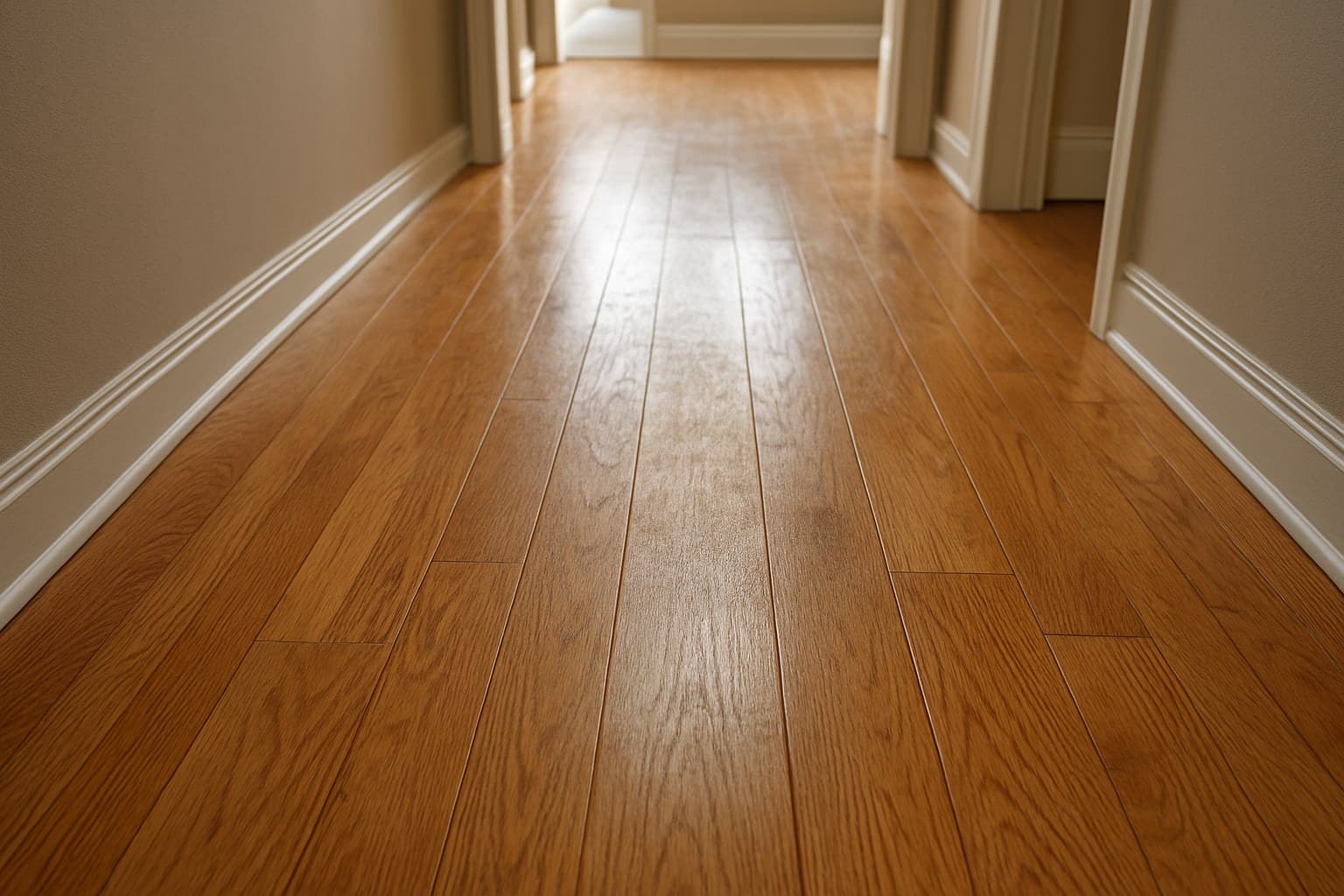 Hallway hardwood floor showing a dulled path worn by high foot traffic.