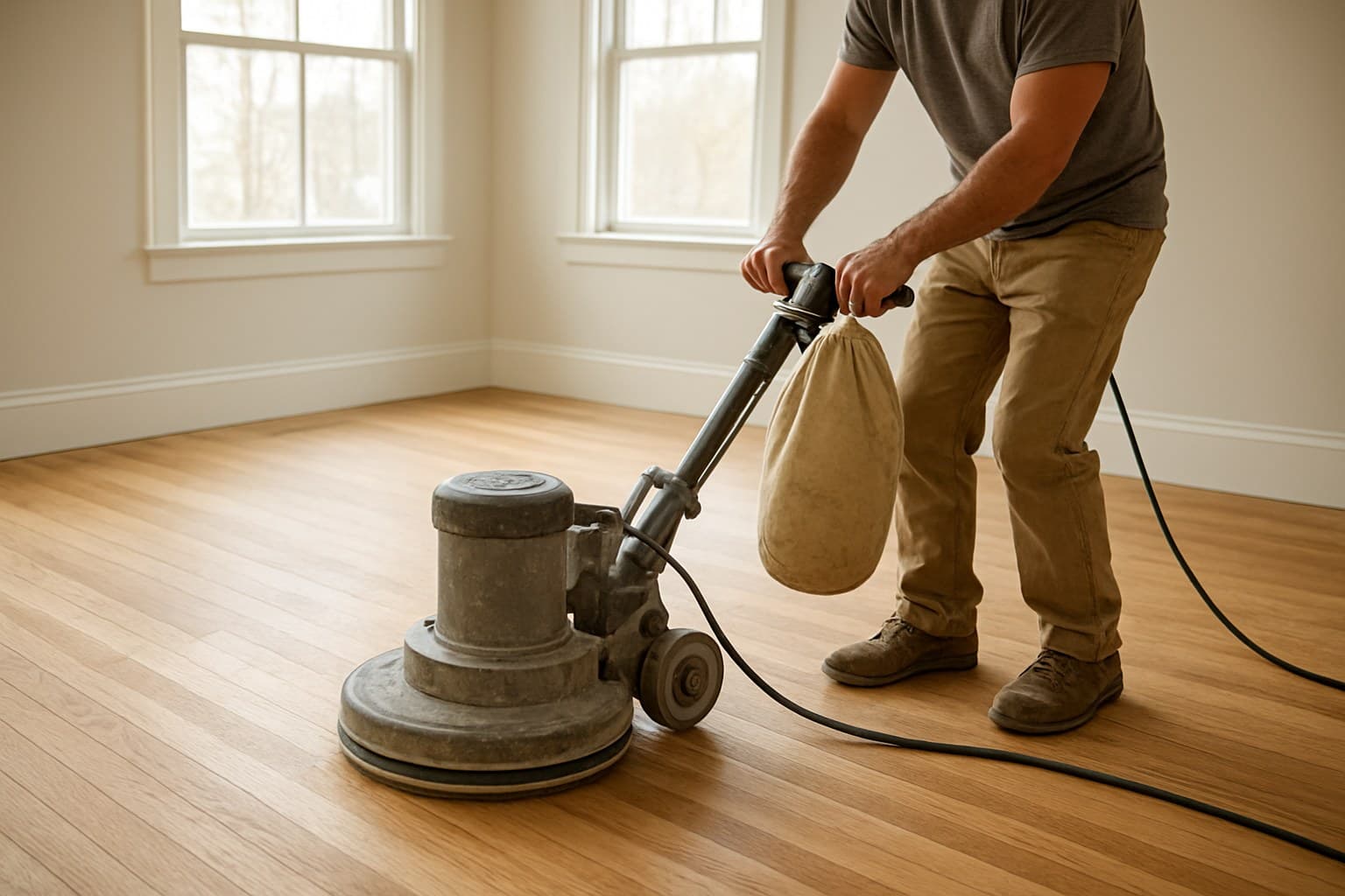 Worker sanding a hardwood floor during a refinishing project