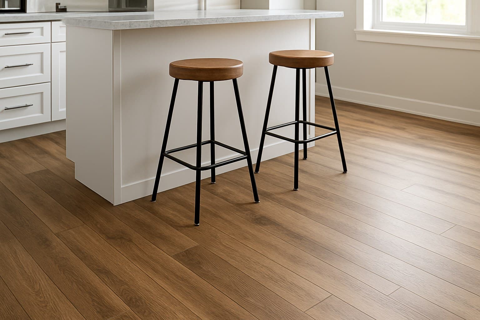 Bar stools resting on vinyl plank flooring beside a kitchen island