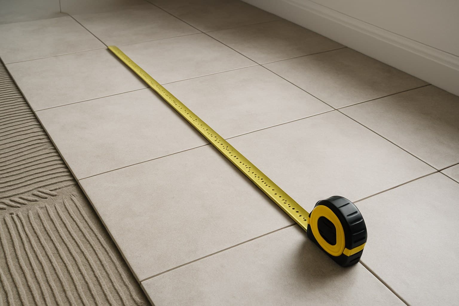 Tape measure laid across a floor to calculate tile installation needs