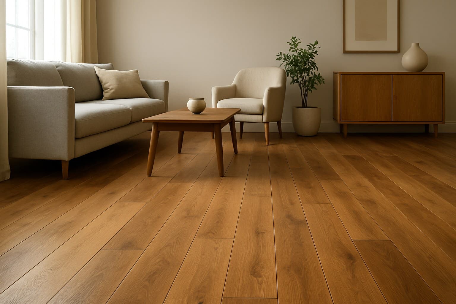 Hardwood floor spanning a furnished living room interior