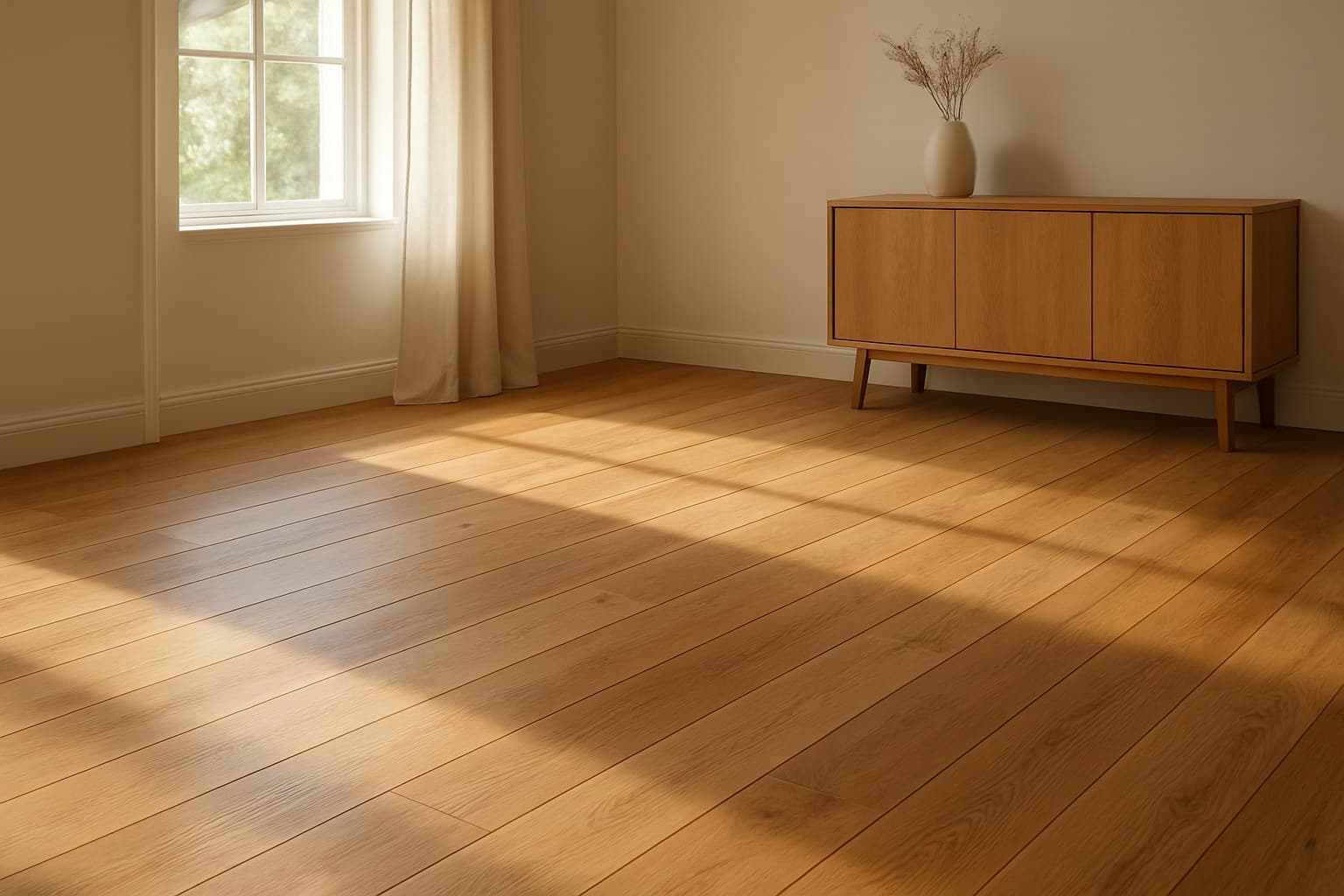 Warm natural wood tone flooring in a sunlit room