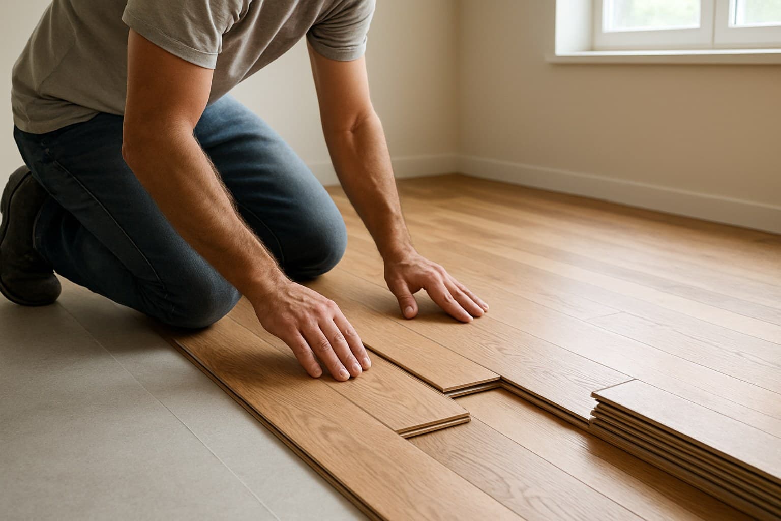 Worker installing hardwood flooring planks in a room