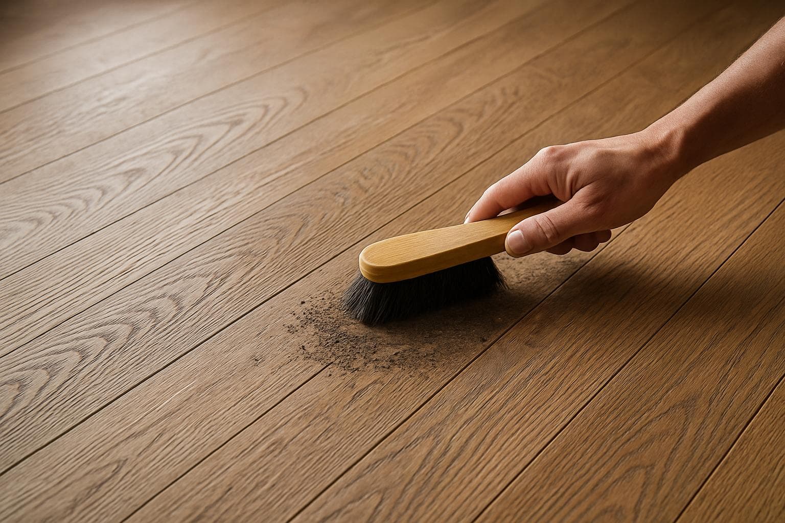 Person cleaning grooved hardwood flooring with a brush to remove trapped dirt