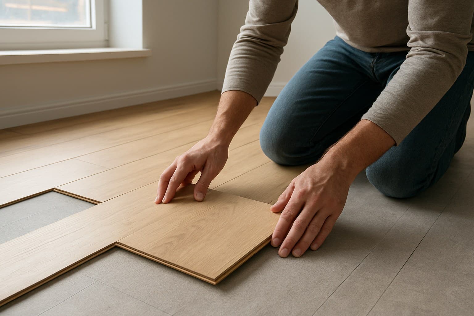 Person installing laminate flooring planks by hand at home