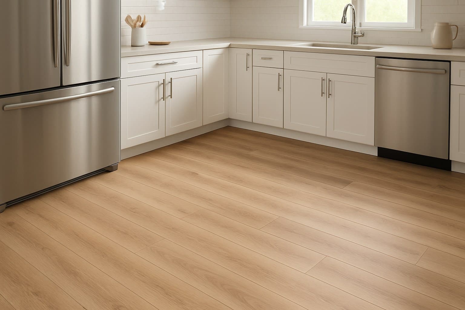 Kitchen interior featuring light maple-look vinyl plank flooring underfoot