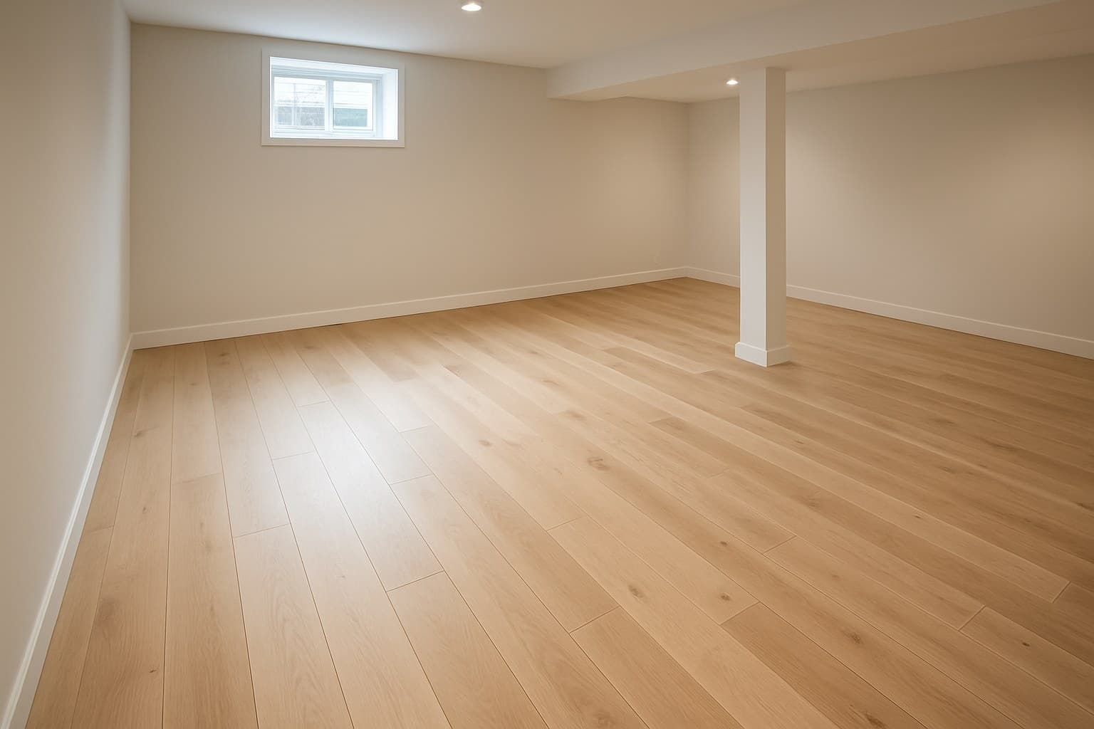 Engineered wood flooring installed in a basement room below ground level
