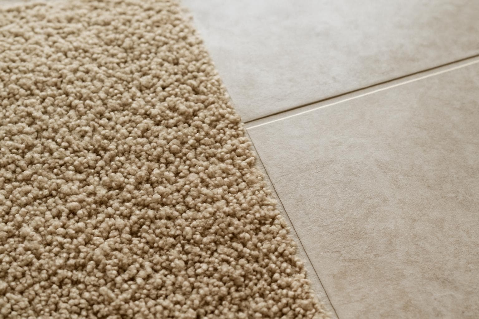 Close-up of carpet fibers beside a tiled floor surface