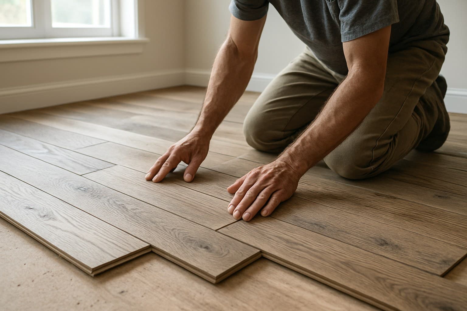 Worker installing driftwood oak flooring planks by hand in a room.
