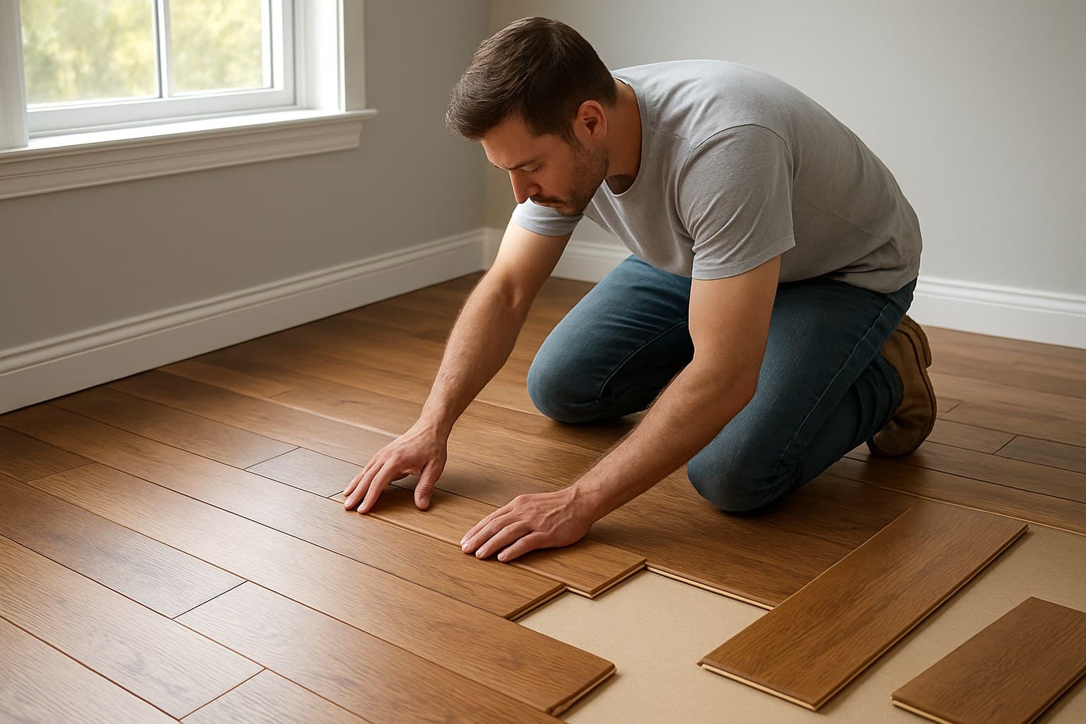 Homeowner kneeling to install engineered hardwood flooring planks himself