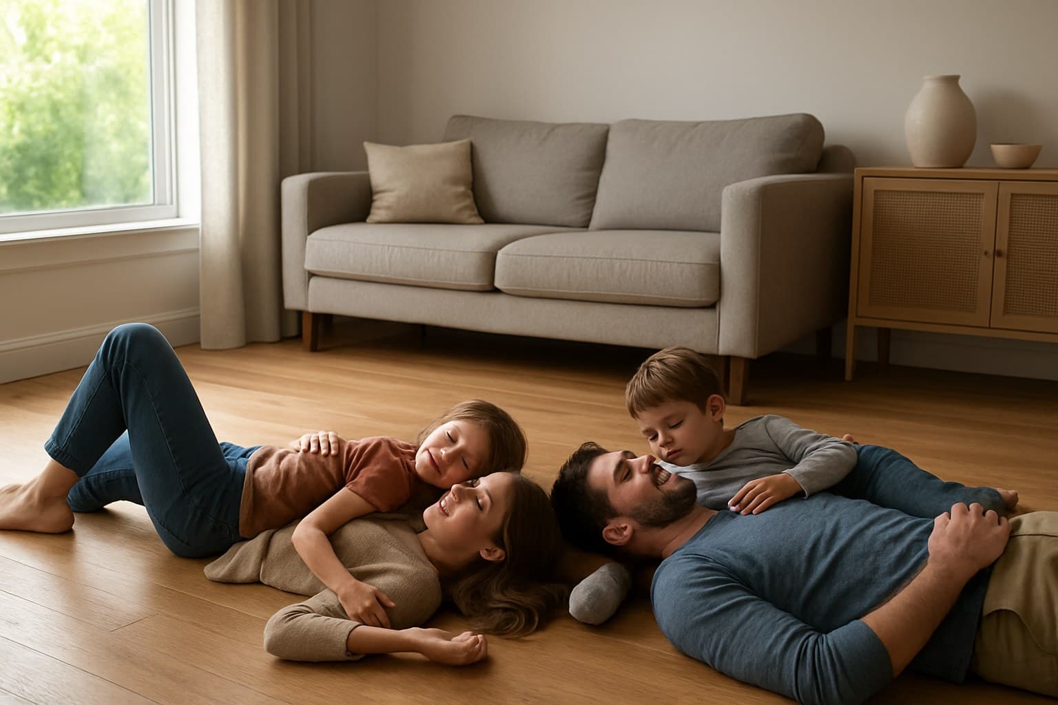 Family relaxing on flooring in a living room, illustrating everyday exposure to home materials