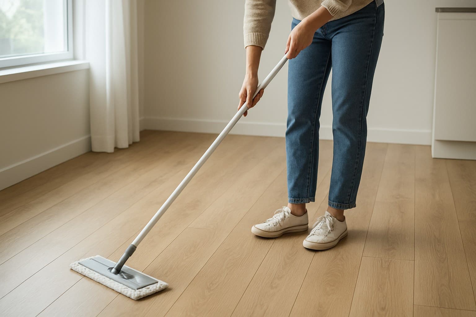 Person mopping a laminate floor as part of routine maintenance