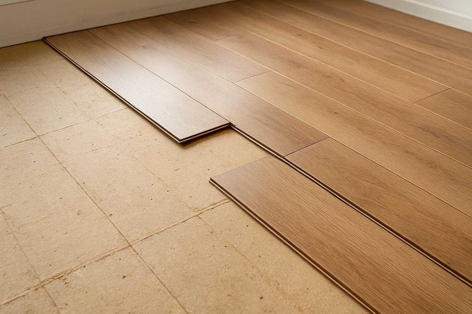 Laminate flooring planks being installed across a subfloor
