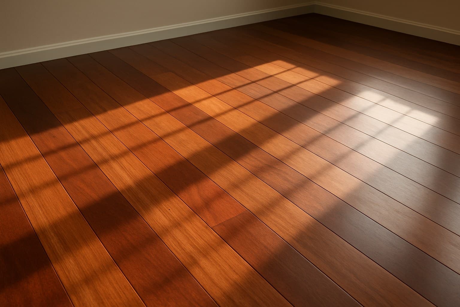 Sunlight streaming across a wood floor showing gradual color darkening