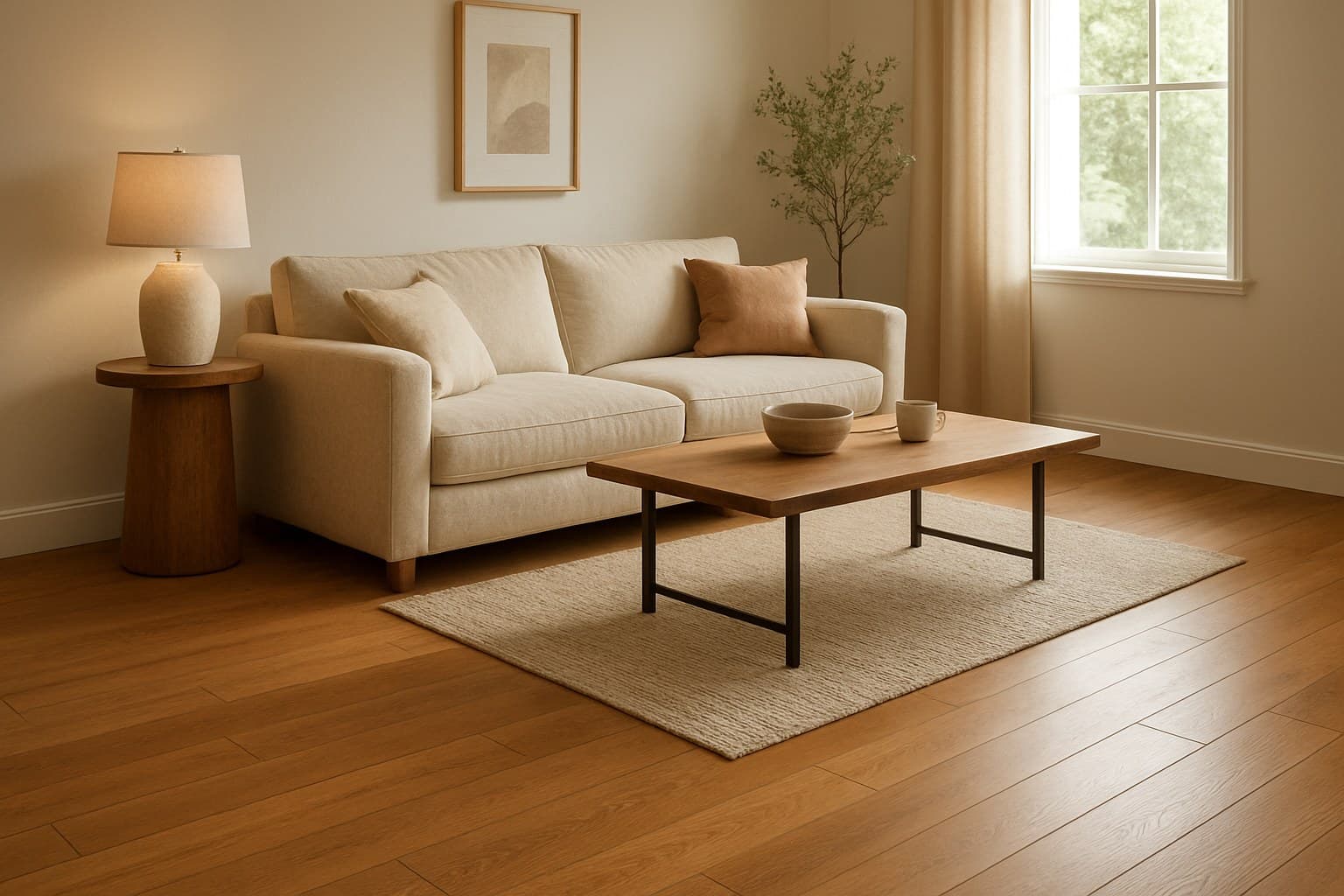 Cozy living room with warm flooring and soft lighting for comfort