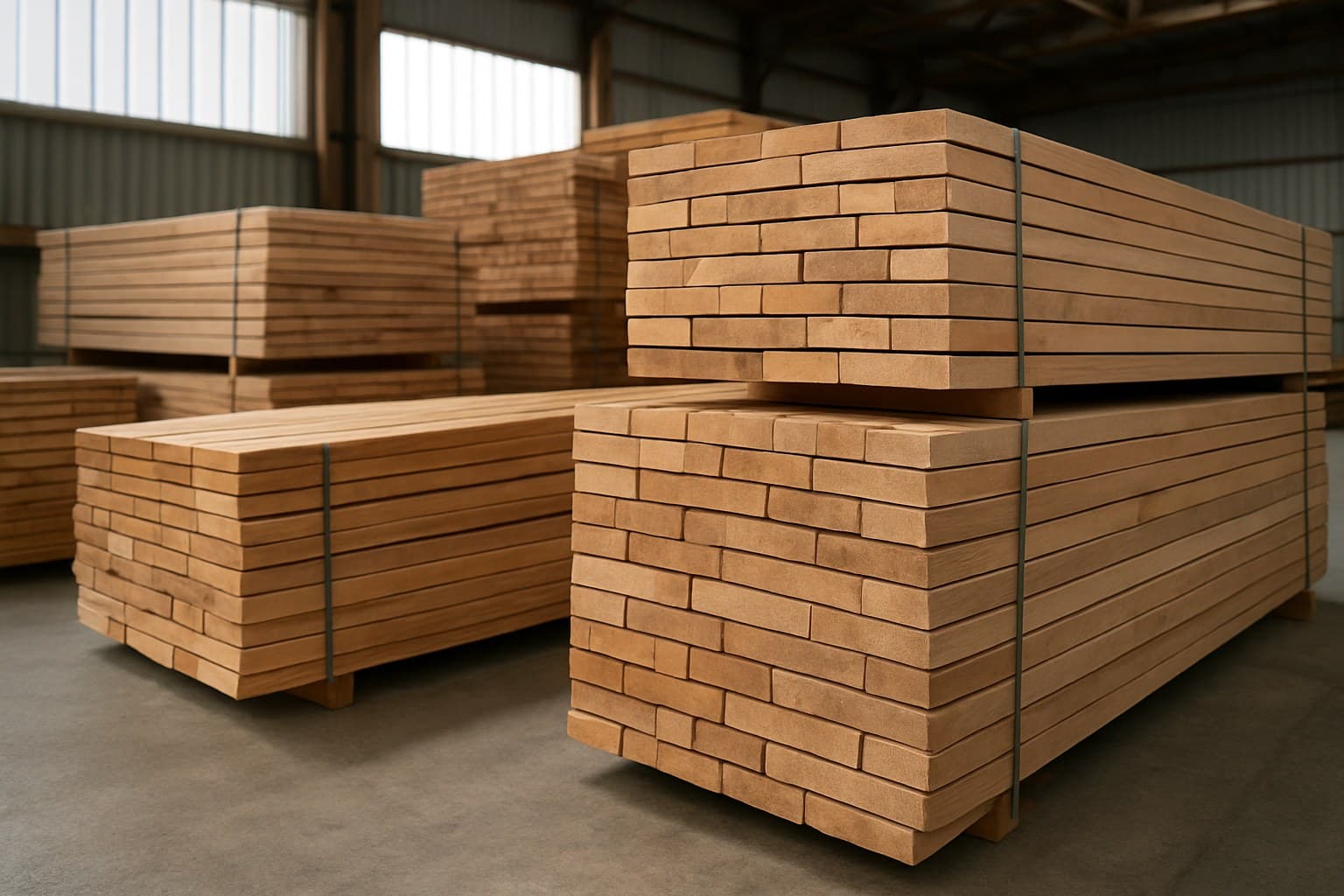 Stacked lumber boards in a warehouse representing hardwood flooring supply
