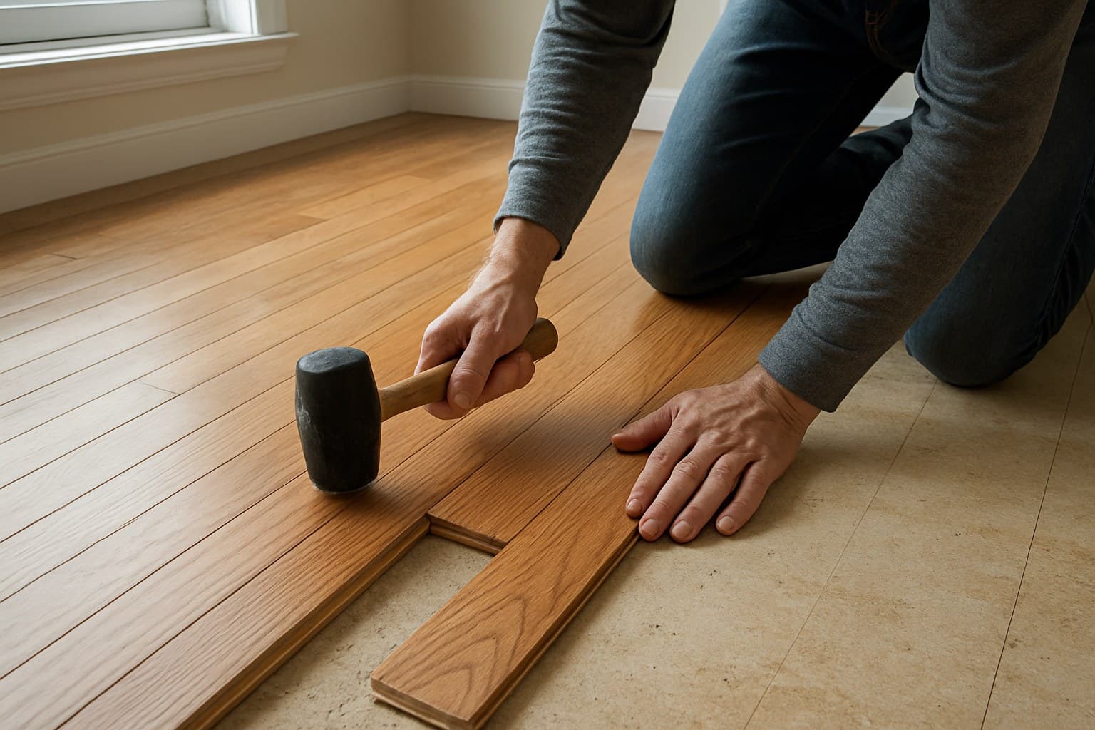 Worker installing hardwood flooring planks using a rubber mallet